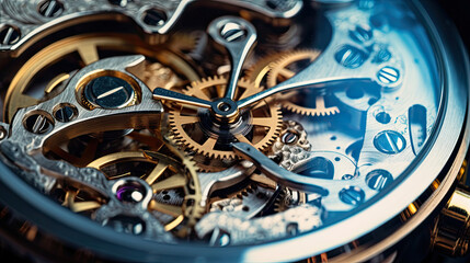 Fototapeta na wymiar Close up of the gear mechanism inside the watch. Generetive Ai