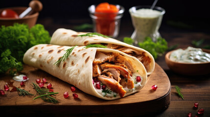 Delicious shawarma served on wooden board on table in cafe. Grilled pita wrapping chicken meat and fresh vegetables with sauce. healthy food. Generetive Ai