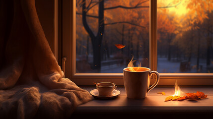 cup of coffee on a table in front of a window