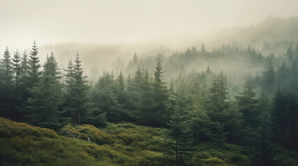 Misty landscape with fir forest in vintage retro style, Nature background. Generetive Ai