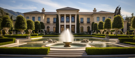 Large luxury mansion with beautiful classic architecture. The luxurious home has scenic beautiful gardens and a fountain