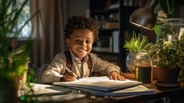 Happy African American Child School Boy Doing Homework While Sitting At Desk At Home. Generetive Ai