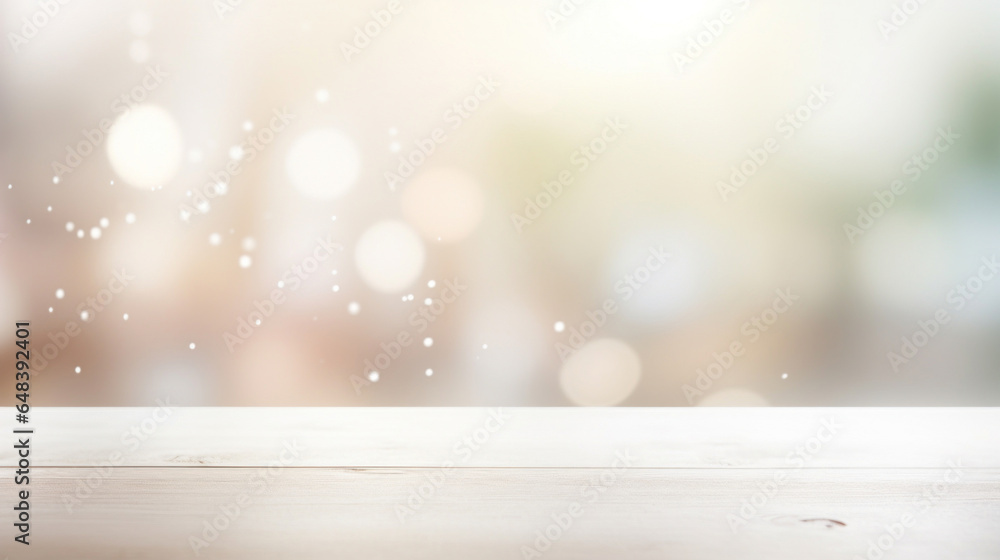 Poster empty white table blurred on soft light gently bokeh background