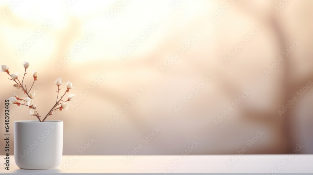 Poster empty white table blurred on soft light gently bokeh background