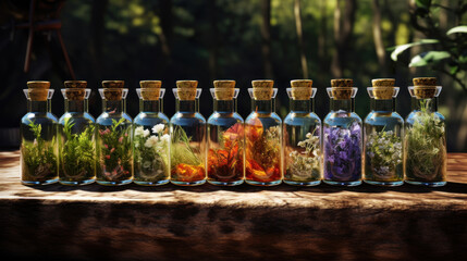 Bottles with tinctures or infusions of healthy herbs and medicinal plants on wooden board. - obrazy, fototapety, plakaty