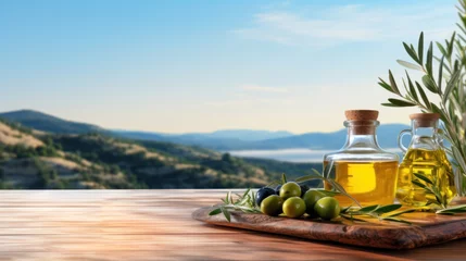 Gordijnen Olive oil and olive branch on the wooden table over nature background. © red_orange_stock