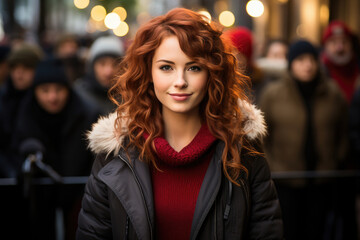 Fototapeta premium portrait of a woman in the city wearing red dress and black jacket