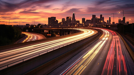 Fototapeta premium The motion blur of a busy urban highway during the evening rush hour. Generetive Ai