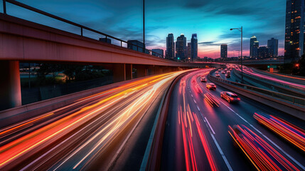 Fototapeta na wymiar The motion blur of a busy urban highway during the evening rush hour. Generetive Ai