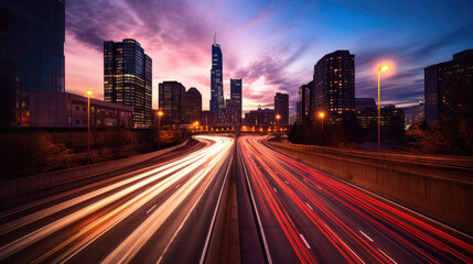 The motion blur of a busy urban highway during the evening rush hour. Generetive Ai