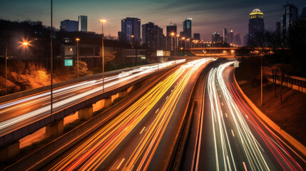 Fototapeta na wymiar The motion blur of a busy urban highway during the evening rush hour. Generetive Ai