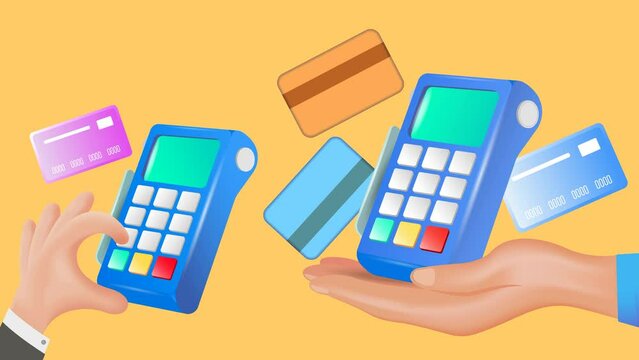 Payment terminal, a modern POS-bank payment device.
A payment device with an NFC keyboard. A credit card reader.
Animation of a contactless payment system.
