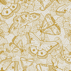 Mustard yellow and white moths or butterflies pattern. Toile style vector design with pumpkin leaves and tendrils. Monochrome organic design with swirls, wings, and bugs. Flying bugs and wildlife.