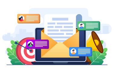 Email marketing flat illustration vector concept, Online business strategy, Advertising, Email newsletter, messaging, Marketing material concept for landing page, web banner, social media, infographic