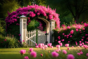 pink flowers and fence in the park