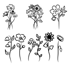 Vector Of Flowers Bouquet And Meadow In Black Ink