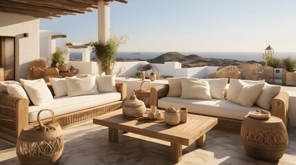 This Mykonos terrace offers a coastal retreat. Generated AI  - obrazy, fototapety, plakaty