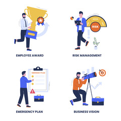 Set collection of business employment illustration. Employe award, risk management, business vision, emergency plan. Flat design illustration