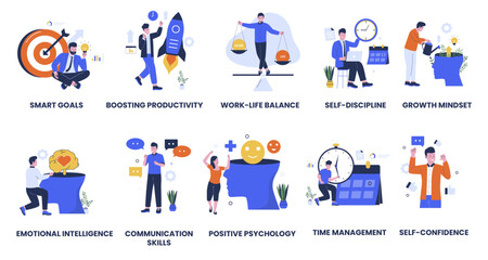 Set collection of self development illustration. Personal growth, Boosting productivity, work life balance, time management, self confident, self discipline, personal goals. Flat design illustration