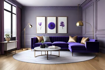 Naklejka na ściany i meble Luxury modern interior of living room ,Ultraviolet home decor concept ,purple sofa and black table with gold lamp on light purple wall and woodfloor ,3d render