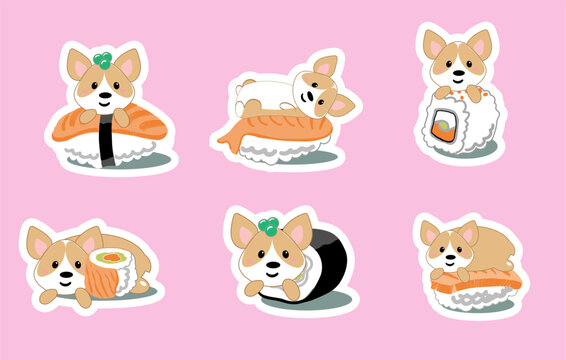 Draw collection kawaii sushi corgy dog. Doodle cartoon style