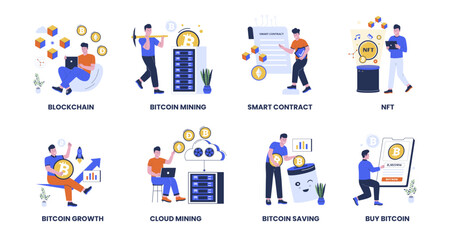 Blockchain cryptocurrency vector collection set. Non-fungible token, bitcoin mining, smart contract illustration