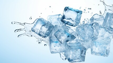 Ice cube and water splash on a blue background. 