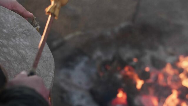 American Indian Drumming Circle, Skin Drum & Mallet, Camp Fire, Smoke, Slow Motion