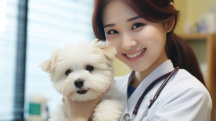 Smiling asian vet female doctor holding cute little dog in the pet hospital.