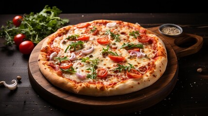 Upper View Pizza on Table. Generated AI
