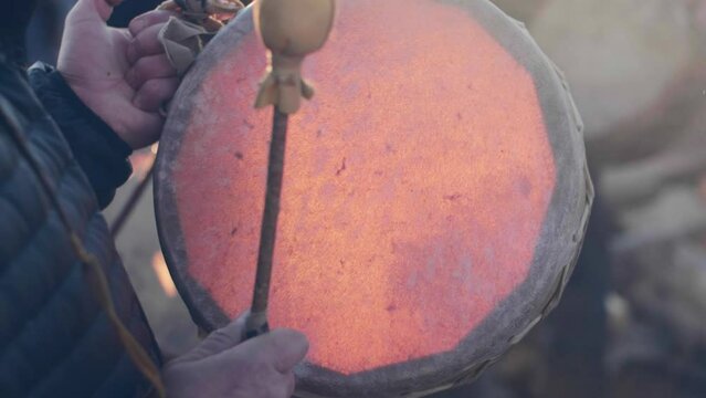American Indian Drumming Circle, Skin Drum & Mallet, Pow Wow, Super Slow Motion