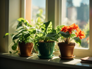 House plants on a windowsill in sunlight