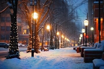 Fototapeta na wymiar City in the Snow: Tranquil Streets Bathed in Warm Urban Light