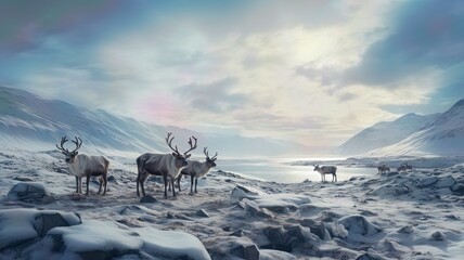 Fototapeta na wymiar A Reindeer Herd in the Midst of a Snowy Landscape Majestic Winter Wildlife