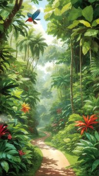 tropical forest with beautiful plants, seamless looping video background animation, cartoon style
