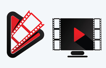 Fototapeta premium Play video button set of 2 icons can be used as a logo or symbol. start movie icon with filmstrip coming out of it. Best logo for a music player. multimedia button for clips and media.