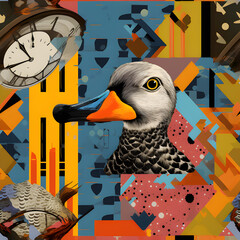 abstract graphic collage,building,duck,clock,mouth.