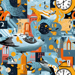 abstract graphic collage,building,duck,clock,mouth.