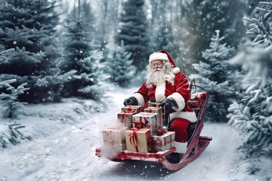 Santa Claus on sledge with a bag full with Christmas gifts , Christmas Holiday and Happy New year