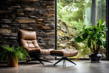 Lounge chair against floor to ceiling window near potted houseplants and wild stone cladding wall. Rustic home interior design of modern living room. generative AI