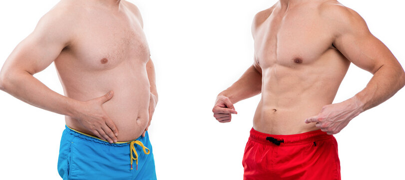 belly abs comparison of men in studio, point finger. cropped view of men with belly abs