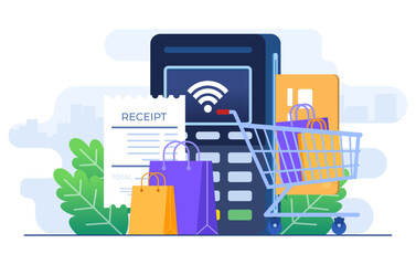 Terminal for contactless and wireless goods payment flat illustration vector template, POS terminal confirms the payment by debit card, Invoice, Shopping concept, Payment machine, Credit card