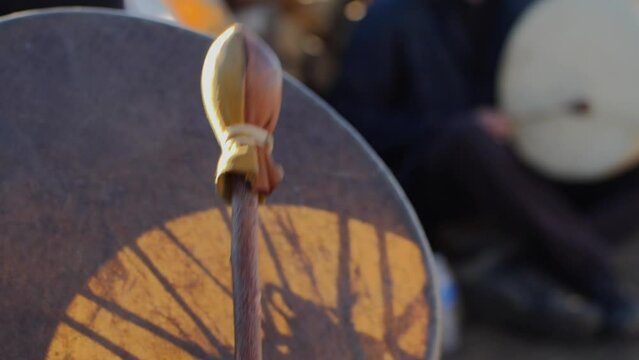 American Indian Drumming Circle, Skin Drum & Mallet, Pow Wow, Super Slow Motion