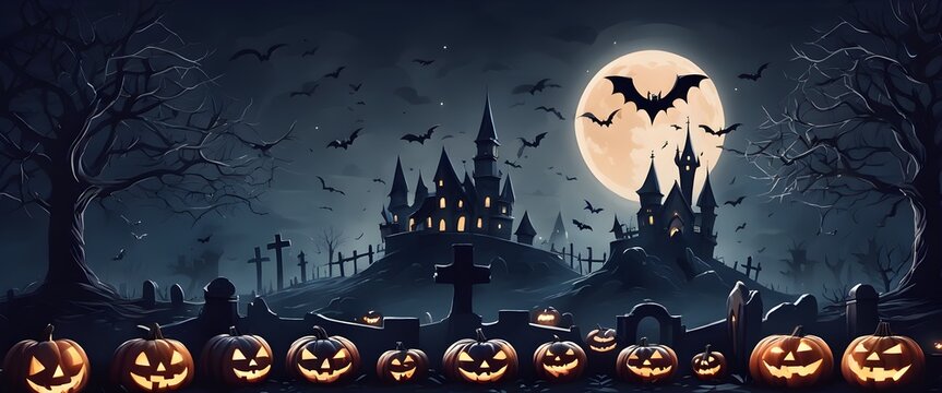 Graveyard to Castle: A Haunting Halloween Night, Moonlit Magic, and Bats in Flight! Your Spooky Holiday Event Banner Background.
