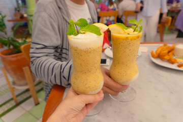 Healthy organic passion fruit smoothie with yogurt for refreshing