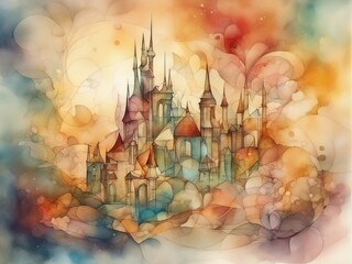 Magic Fairy Tale Castle. Digital watercolor painting. Fantasy illustration.