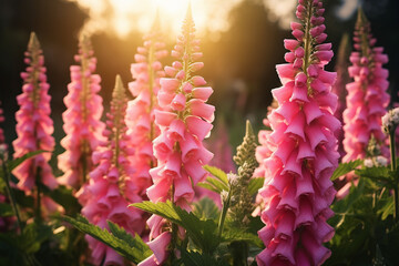 Close up of bright pink foxglove flowers blooming in summer garden at sunset, Digitalis in blossom, Floral background, aesthetic look - obrazy, fototapety, plakaty