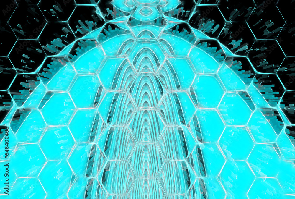 Aufkleber turquoise on black hexagonal glowing and exploding mosaic