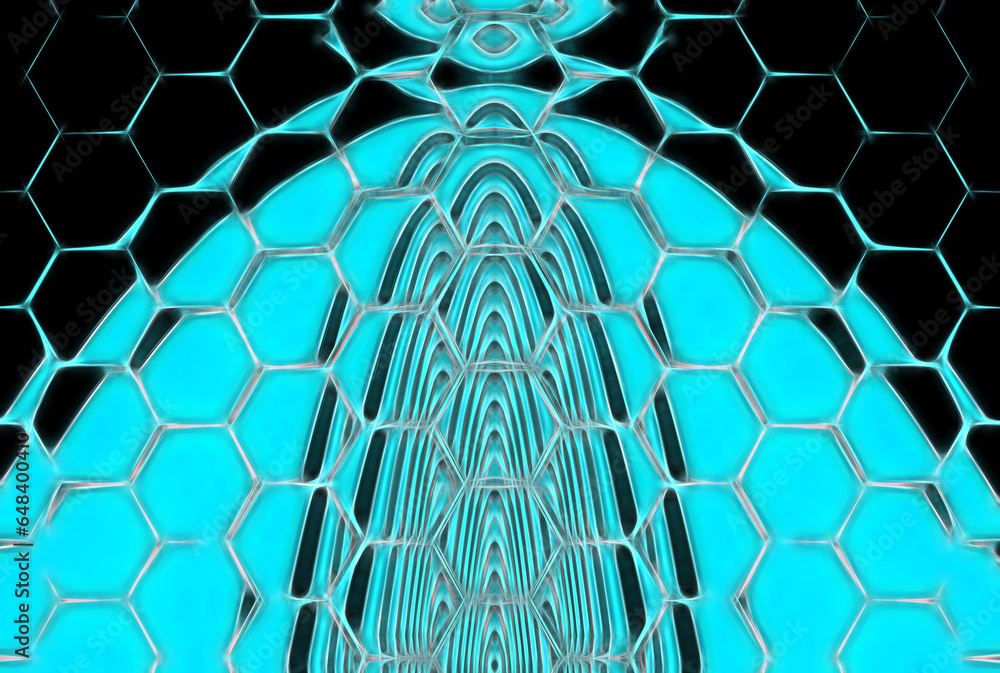 Aufkleber turquoise on black hexagonal glowing and exploding mosaic