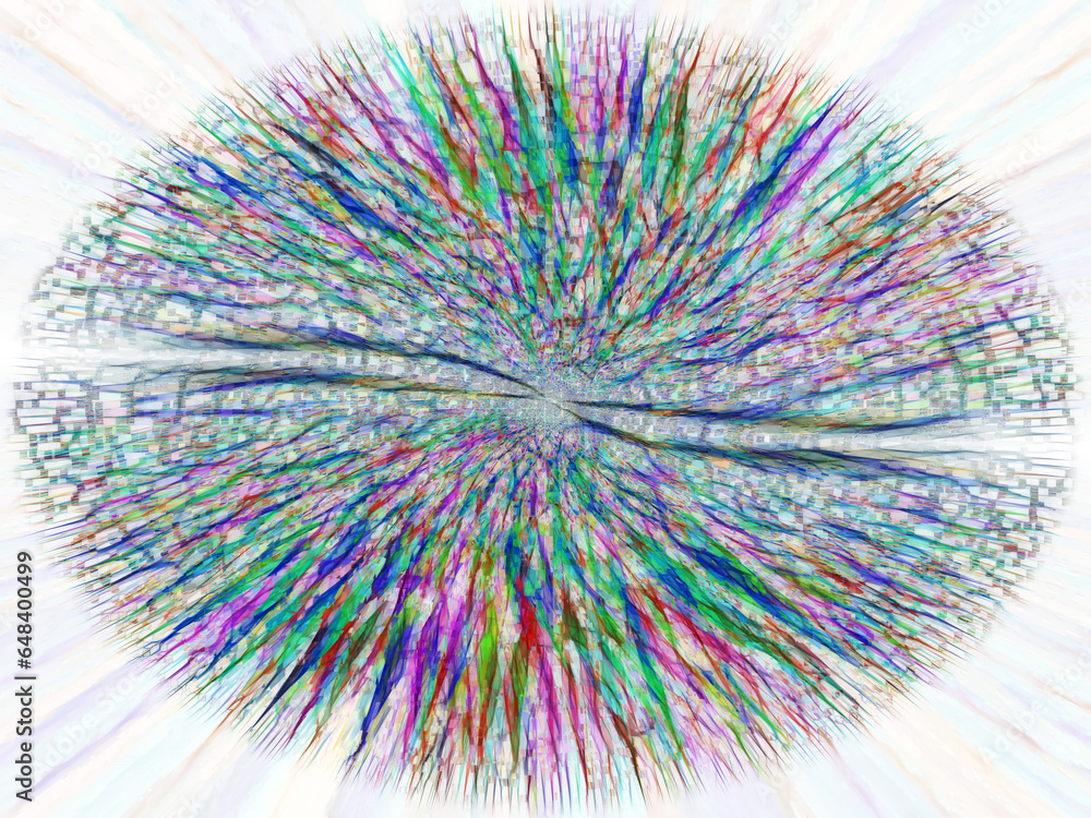 Poster exploding ellipse of many colours on a whitebackground